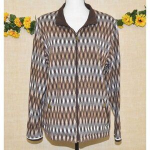 Allison Daley Ladies L Brown Neutral Full Zip Jacket Argyle Pattern Retro Look